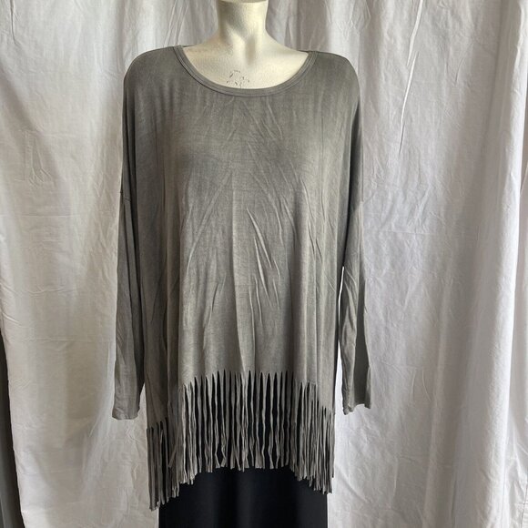 Womens‎ Plus Size 1X/2X Oddy Gray Fringe Boho Long Sleeve Funky Blouse Tunic - Picture 1 of 10
